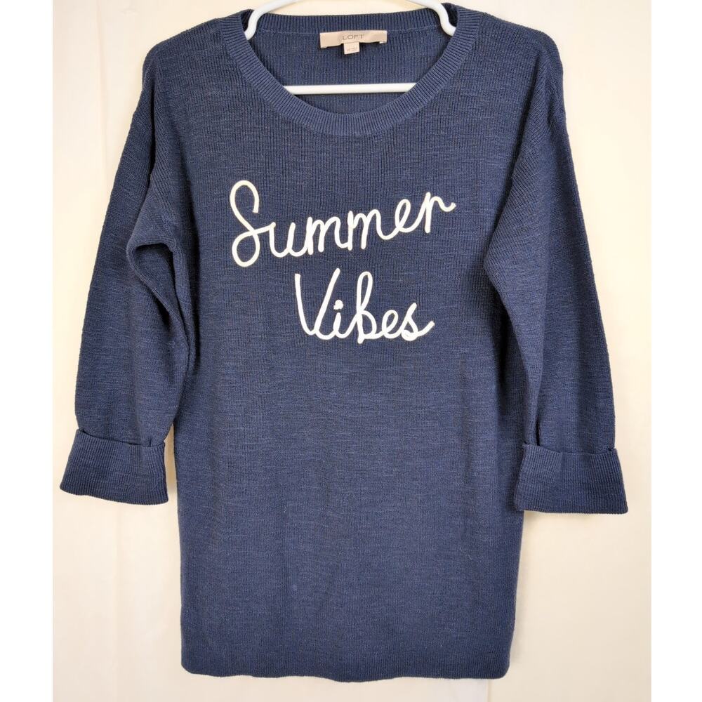 Loft Summer Vibes navy blue cuffed cotton knit top Size XS Coastal Nautical